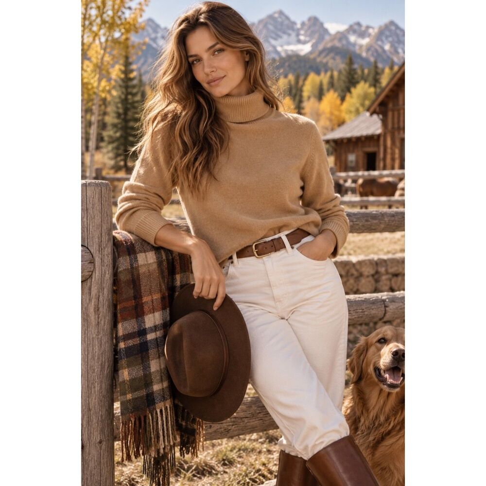 Kaisimei 100% Cashmere Turtleneck Sweater Women XL Camel Tan Made in USA